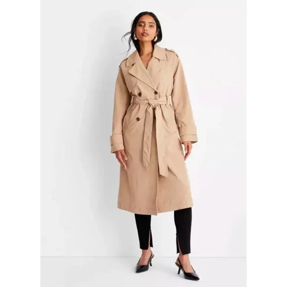 A New Day Womens S Beige Lined Trench Coat S Double-Breasted City Classic Money - Picture 1 of 13